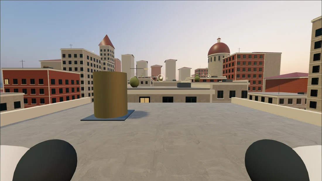 Actual gameplay: a sunlit rooftop course above a historic city