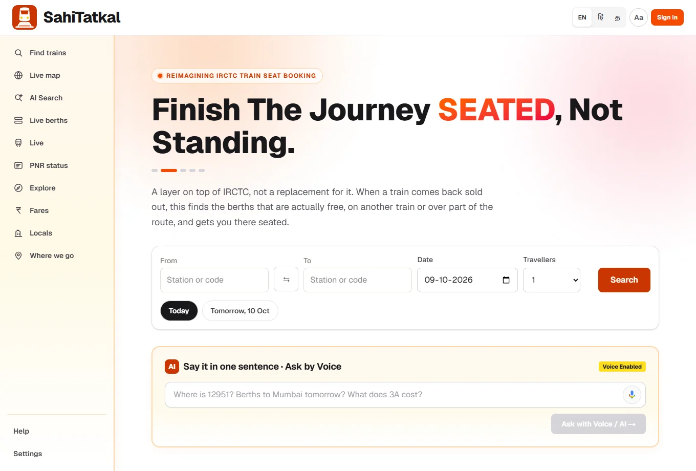 SahiTatkal homepage with train search, live rail tools, and AI search