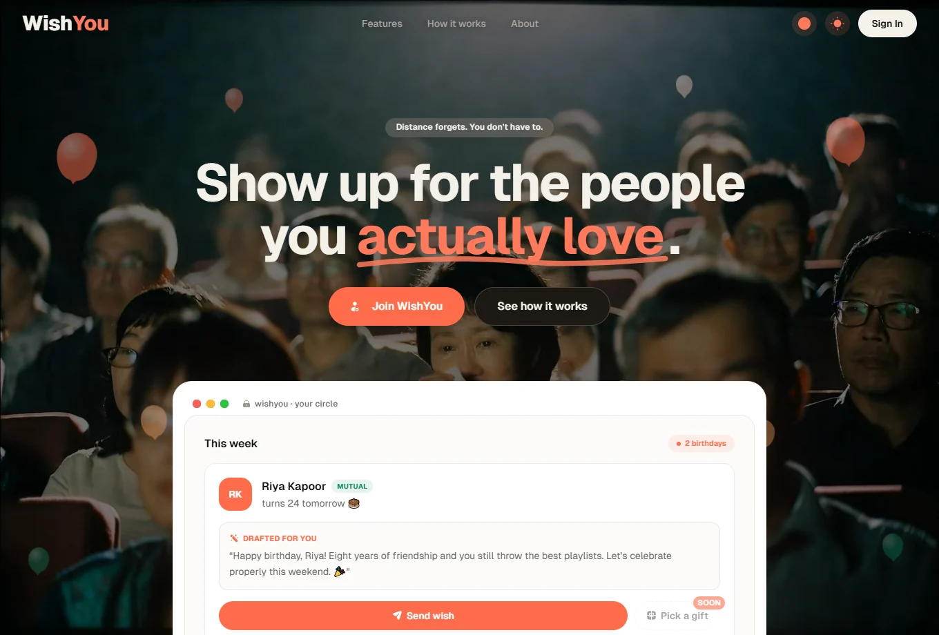 WishYou homepage with its birthday reminder and personal wish preview